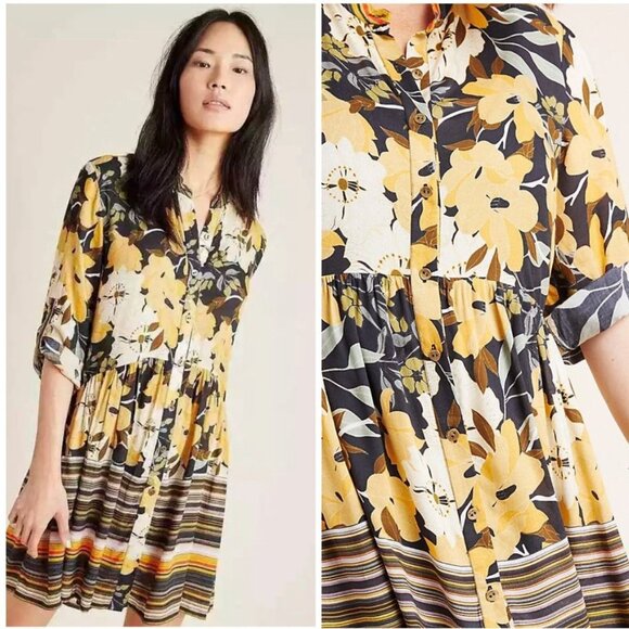 377. Anthropologie Bl-nk London Hadley Button-Front Tunic Dress XL Yellow Floral - Picture 1 of 3